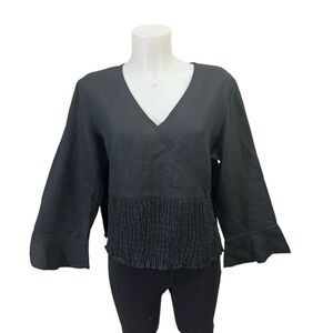Ann‎ Taylor LOFT Black V Neck 100% Linen Smocked Blouse size 14